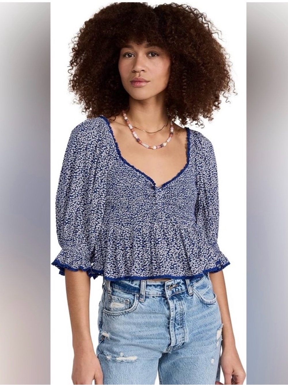 FREE PEOPLE BRITNEE PRINTED TOP crop puff sleeve floral M